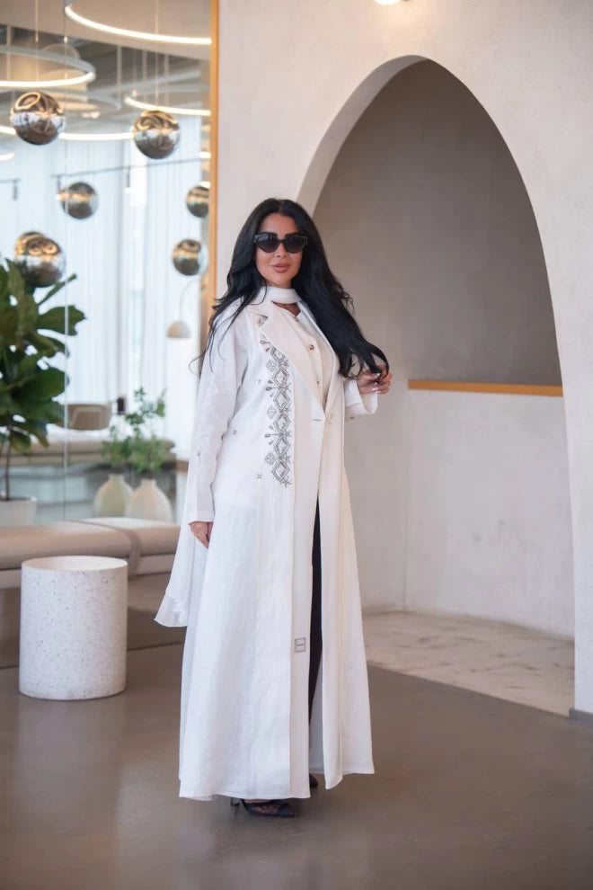 White linen and crepe blazer abaya with hand embroidery C:IB323 White