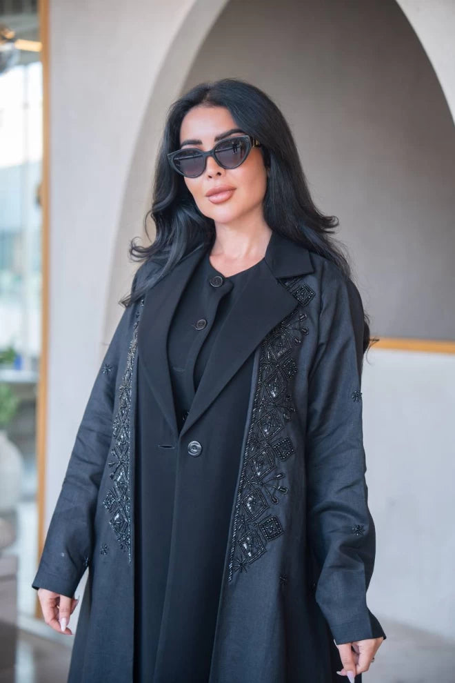 Black blazer abaya made of linen and crepe with hand embroidery C:IB323 Black