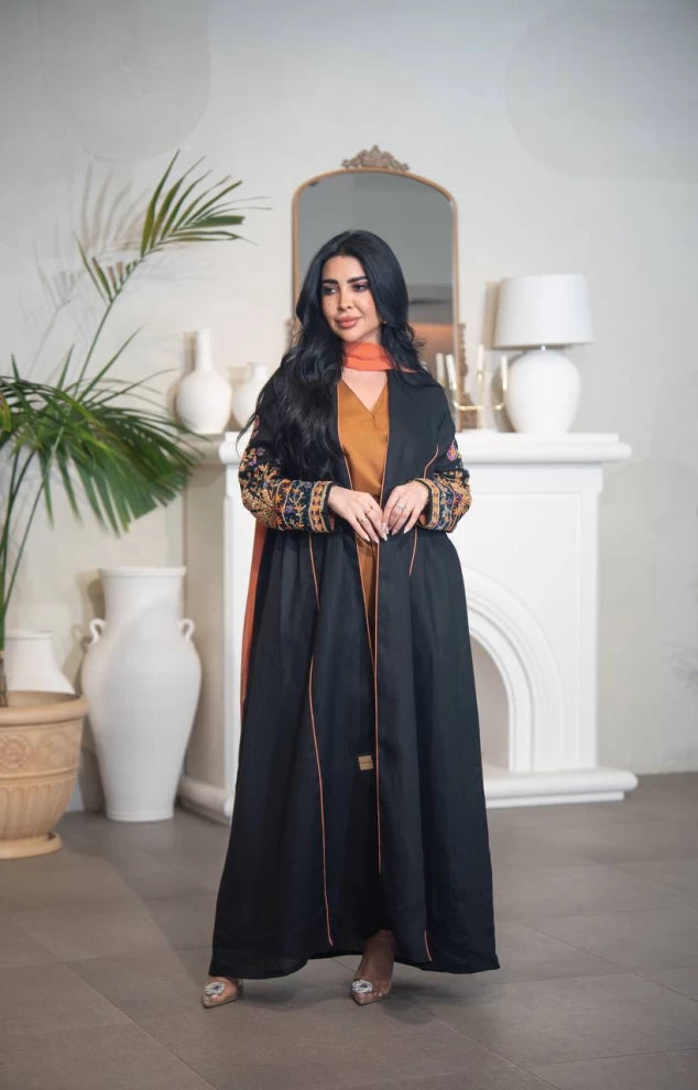 Black linen abaya with hand embroidery C:IB318