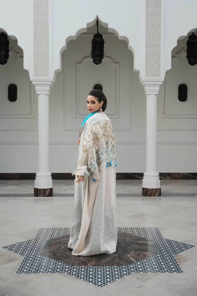 Abaya and dress made of light beige burlap fabric with embroidery C:IB273 Beige