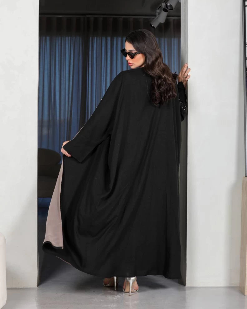 عباية كتان سوداء مع شك IB142أسود (مقاس واحد) 