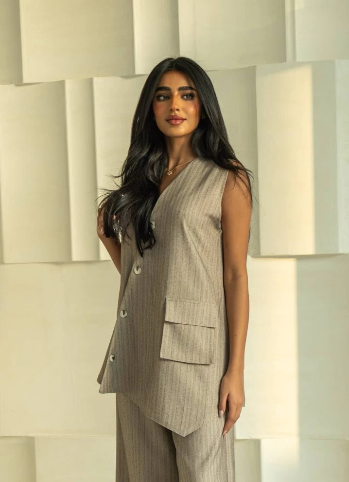 Striped Beige Crepe Vest-IB1058