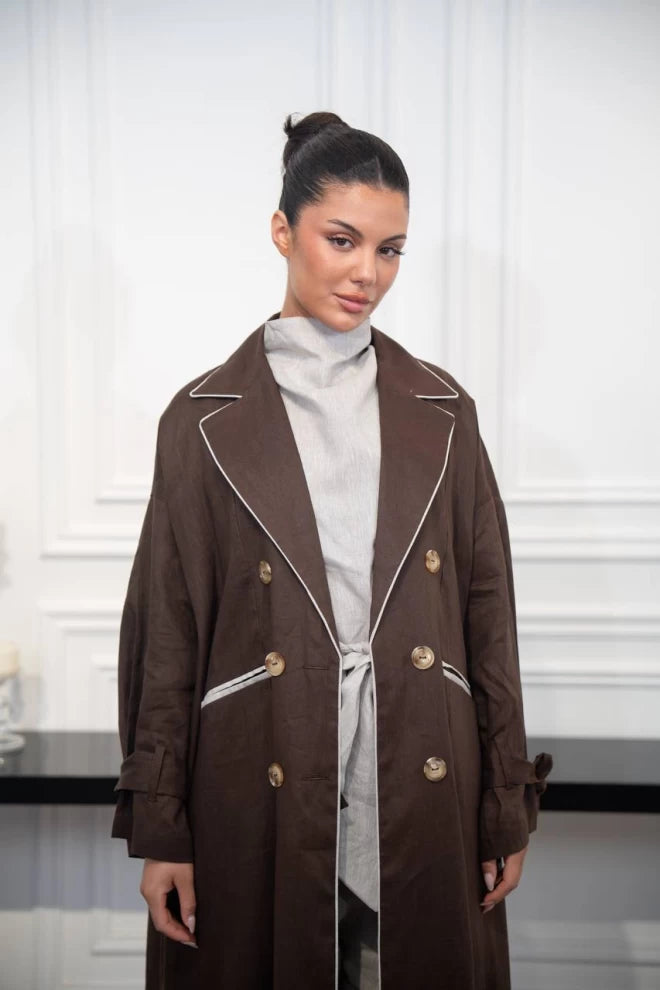 عباية بليزر من الكتان باللون البني C:IB327 بني (مقاس واحد) 