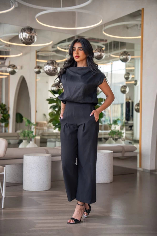 Linen blouse and crepe pants set, black C:IB1001 (S)