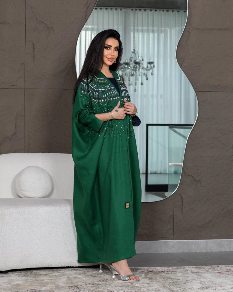 عباية كتان خضراء IB142 (مقاس واحد) 