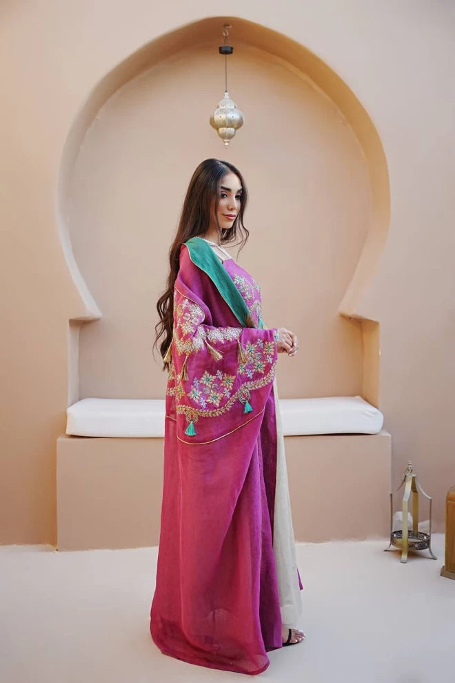 Pink burlap bisht with dress IB273 Pink