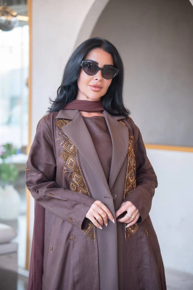 Brown blazer abaya in linen with crepe and hand embroidery C:IB323 Brown