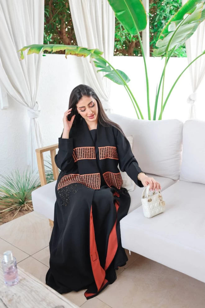 عبايه كريب كوبا اسود بشك برتقالي IB140 Orange
