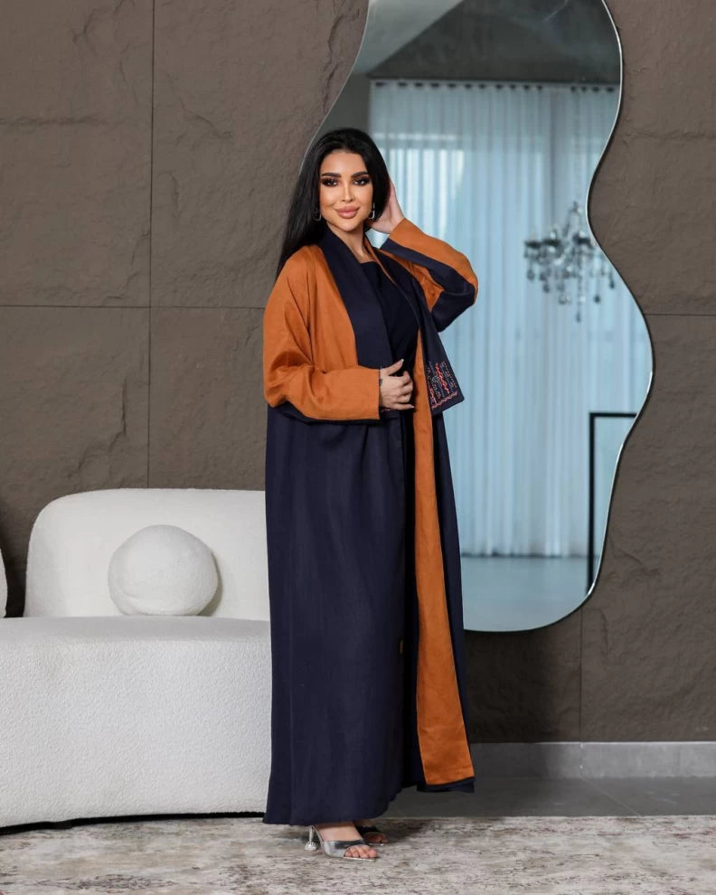 Linen Abaya in navy and camel IB199