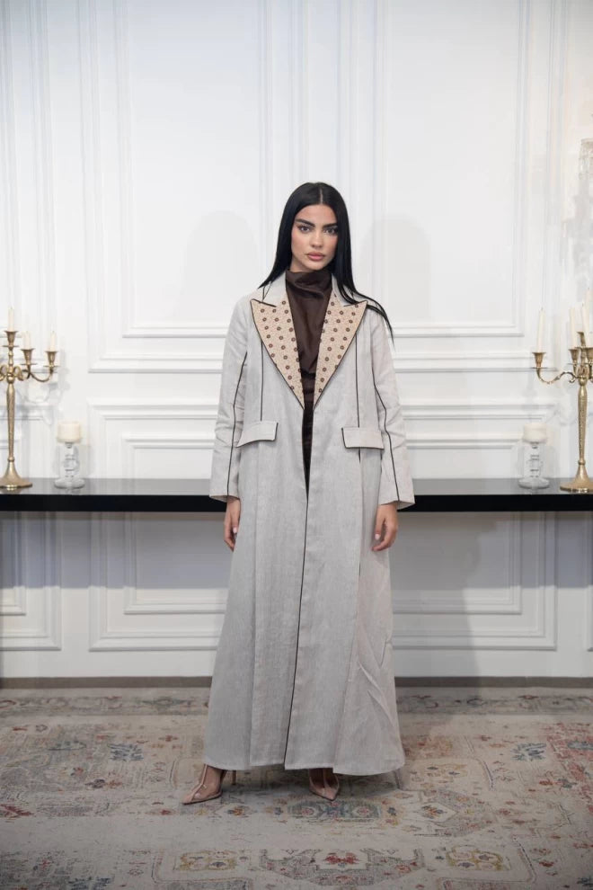 عباية بليزر كتان بيج مع تطريز C:IB329 بيج