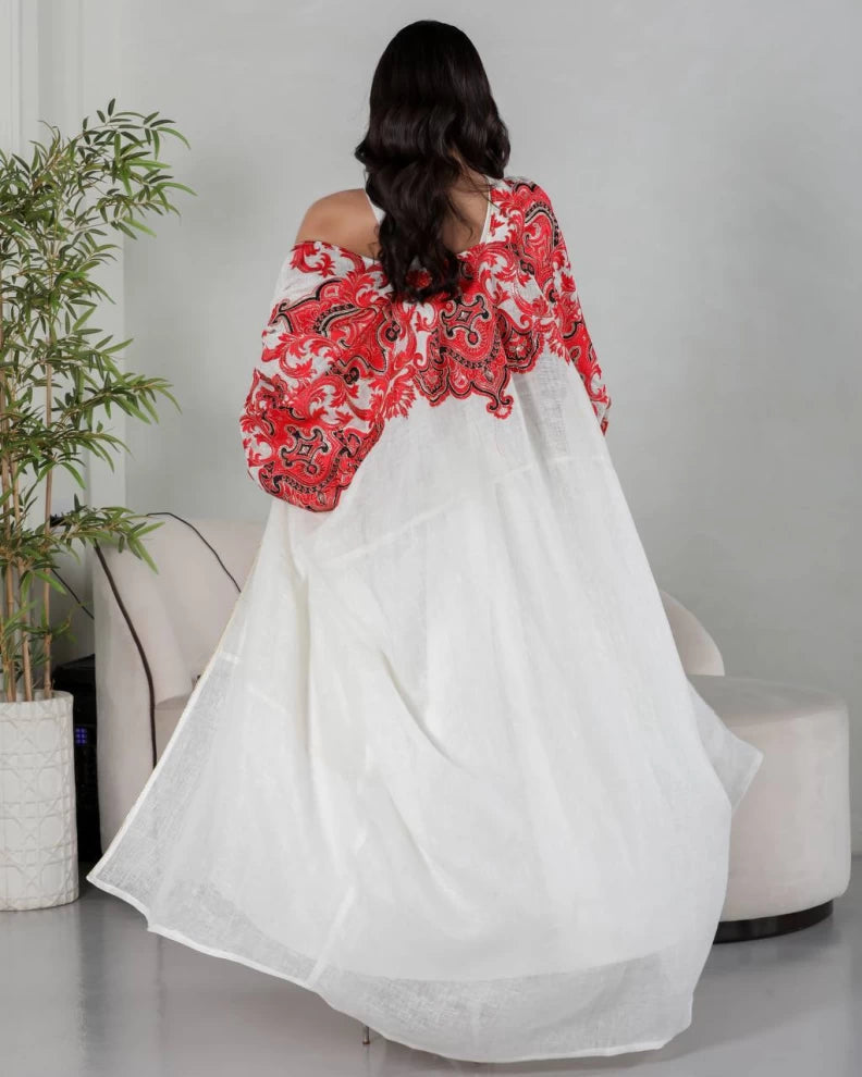 عبايه لينن بلون الابيض مطرز IB143 white
