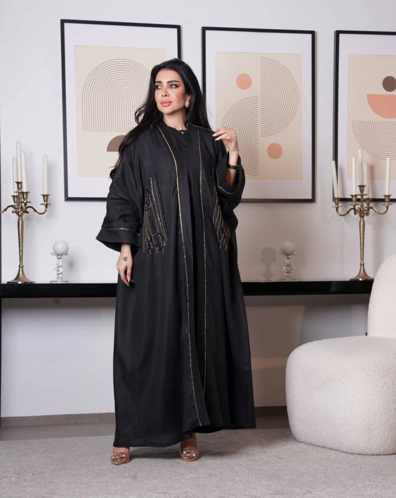 عبايه لينن اسود مع شك IB153 Black