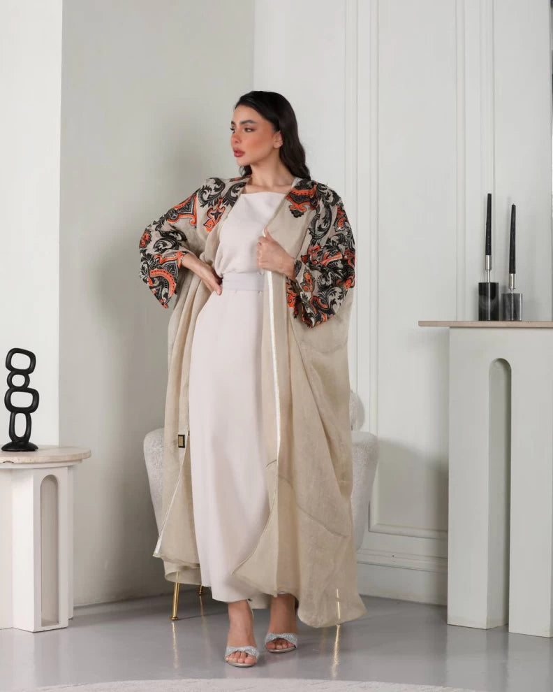 عبايه لينن بيج بتطريز IB143 Beage
