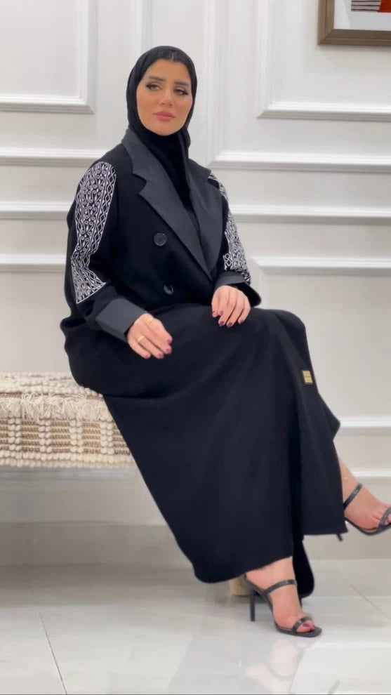 Black Crepe Blazer Abaya with Embroidery IB251