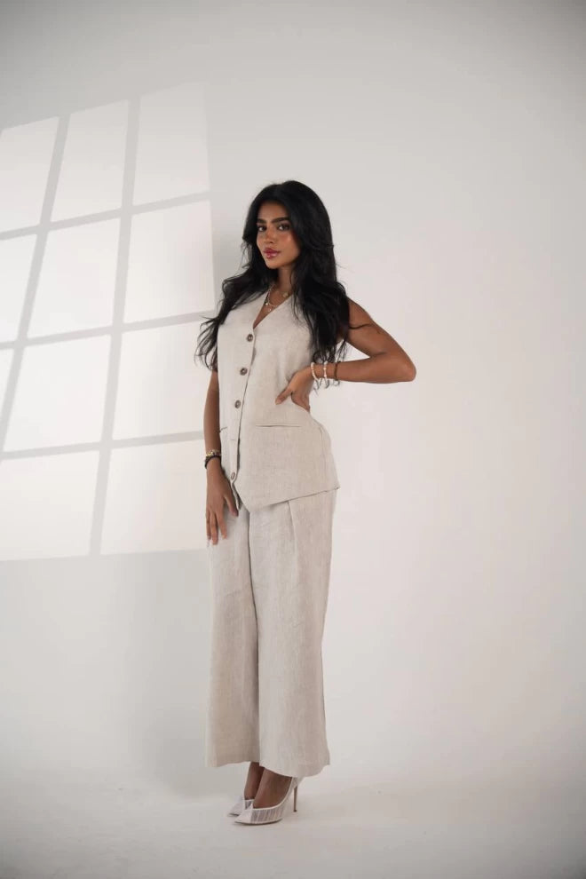 طقم سترة وبنطلون من الكتان البيج، C:IB1085 بيج 