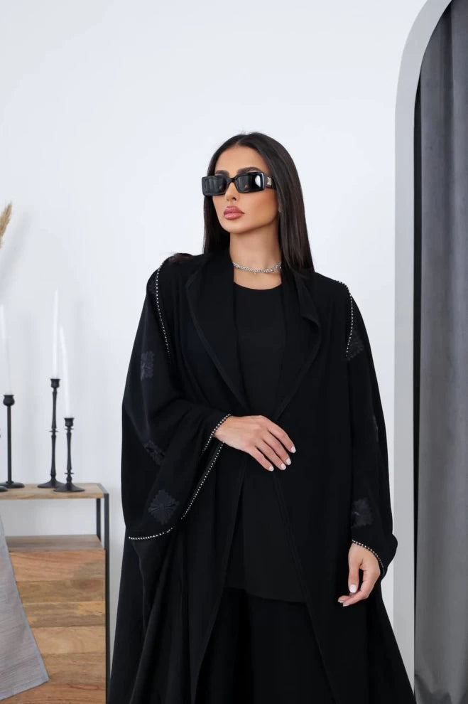 Bisht with Cuban crepe material with crystal silk in black IB272 (Free size)