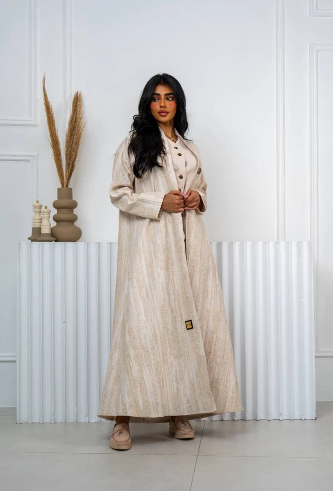 Linen Jacquard Abaya Beige IB236