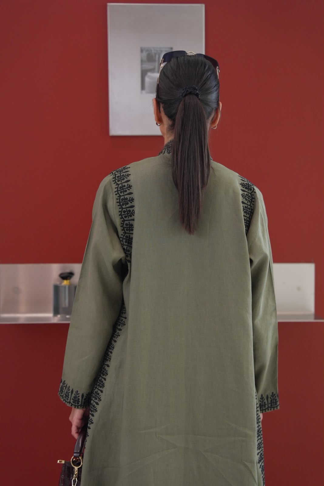 Linen abaya in olive green with embroidery.C:435