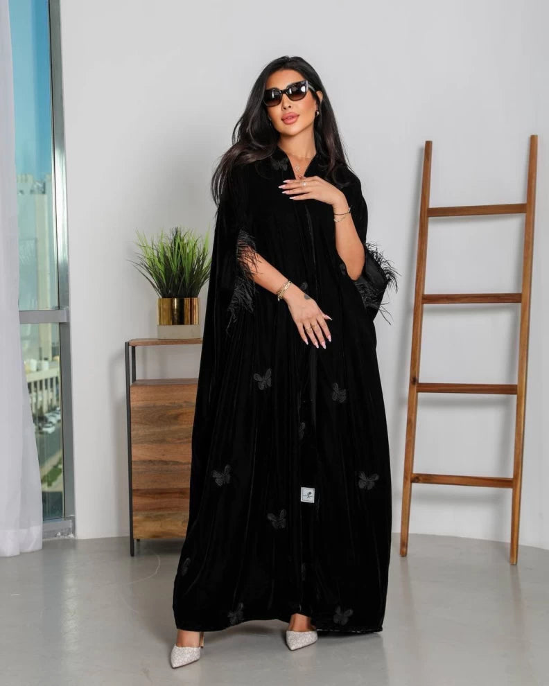 Abaya with butterfly embroidery velvet bisht IB247 Black (Free size)