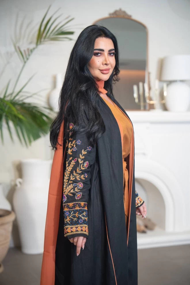 Black linen abaya with hand embroidery C:IB318
