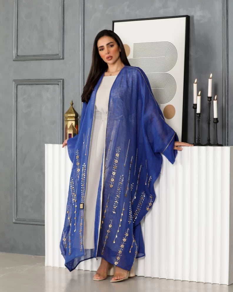 Blue linen abaya with hand embroidery IB137 Blue (Free size)