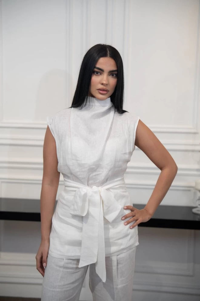 طقم كتان أبيض مكون من بلوزة وبنطلون C:IB1094 أبيض