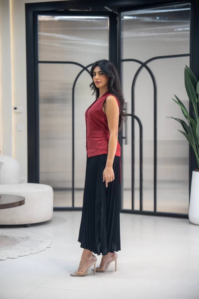 Linen dress with crepe C:IB1015 Red Black