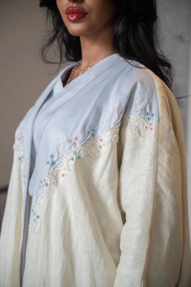 Lemon-colored abaya bisht made of natural linen with hand embroidery C:IB335 (Free size)