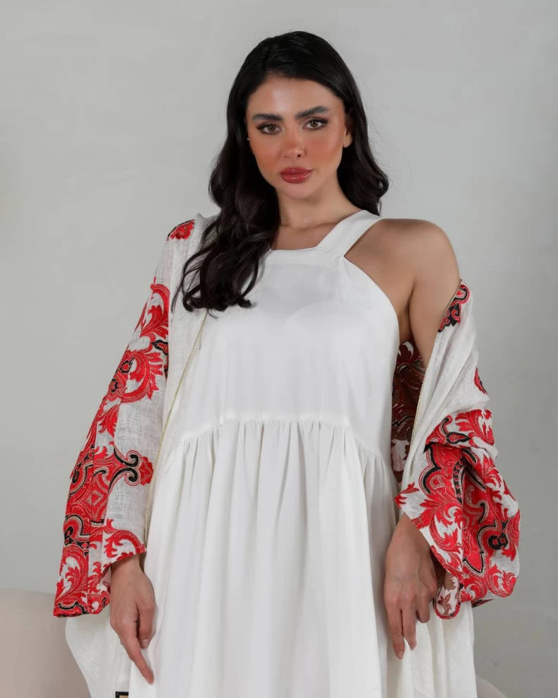 عبايه لينن بلون الابيض مطرز IB143 white
