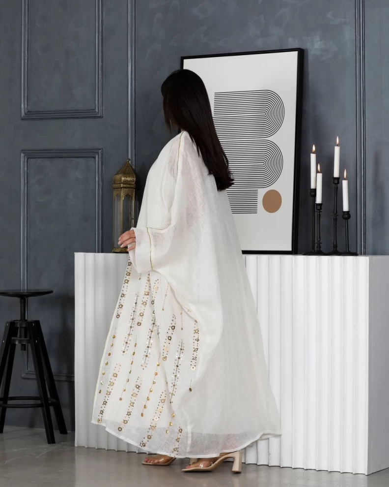 White linen abaya with hand embroidery IB137 white (Free size)