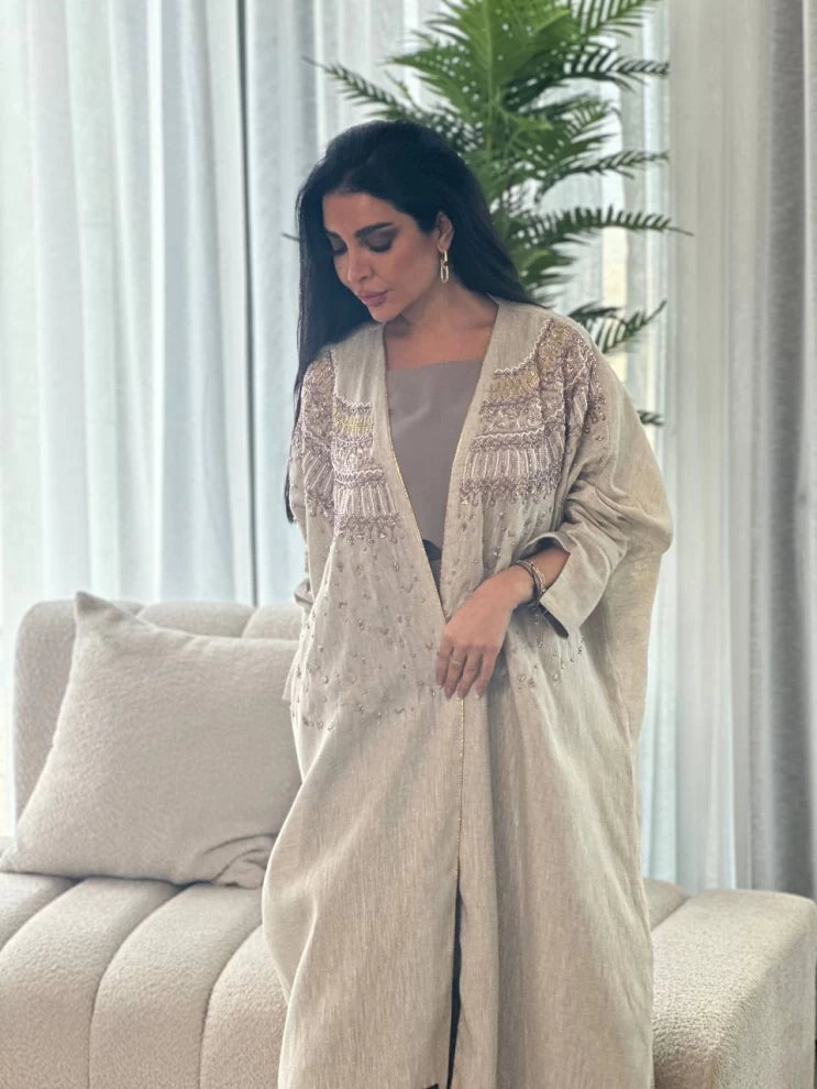 عبايه لينن بيج مع شك IB142 Beage