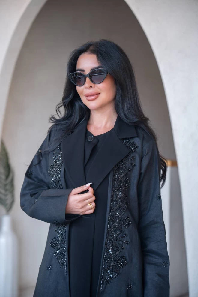Black blazer abaya made of linen and crepe with hand embroidery C:IB323 Black