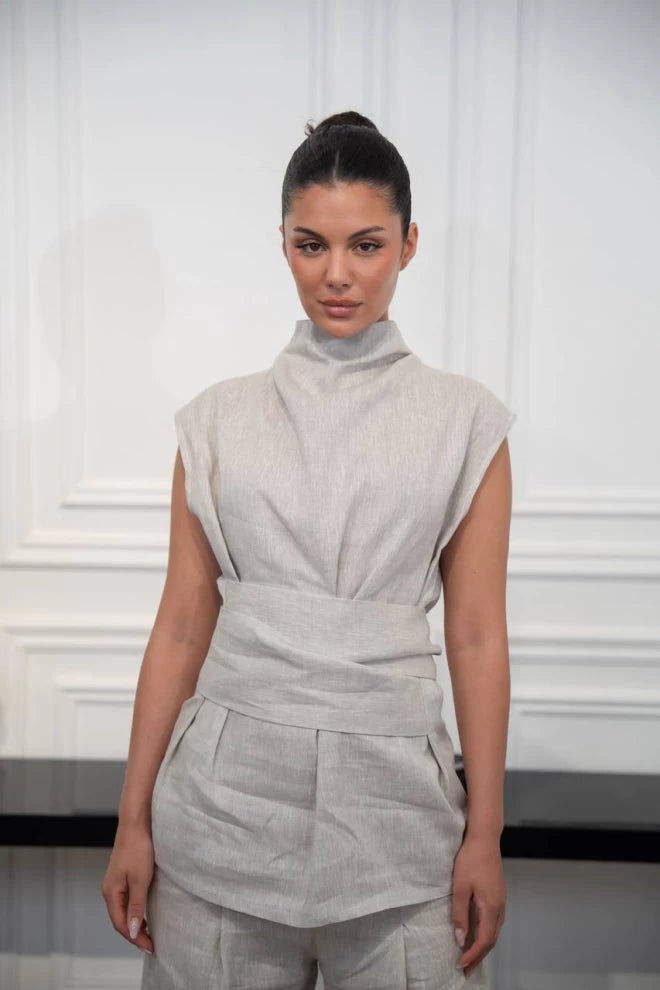 طقم بلوزة وبنطلون كتان بيج C:IB1094 بيج