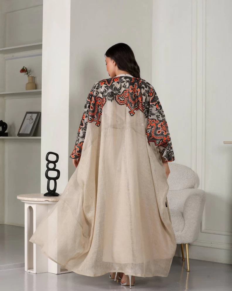 عبايه لينن بيج بتطريز IB143 Beage
