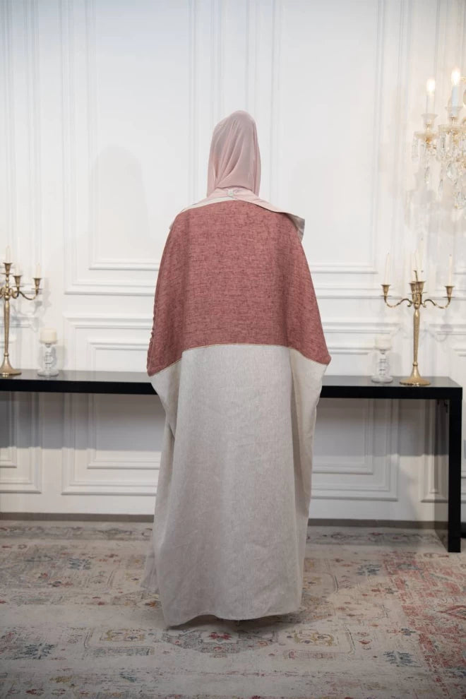 عباية كتان مقاس حر باللون البيج والبني C:IB326 (مقاس حر)