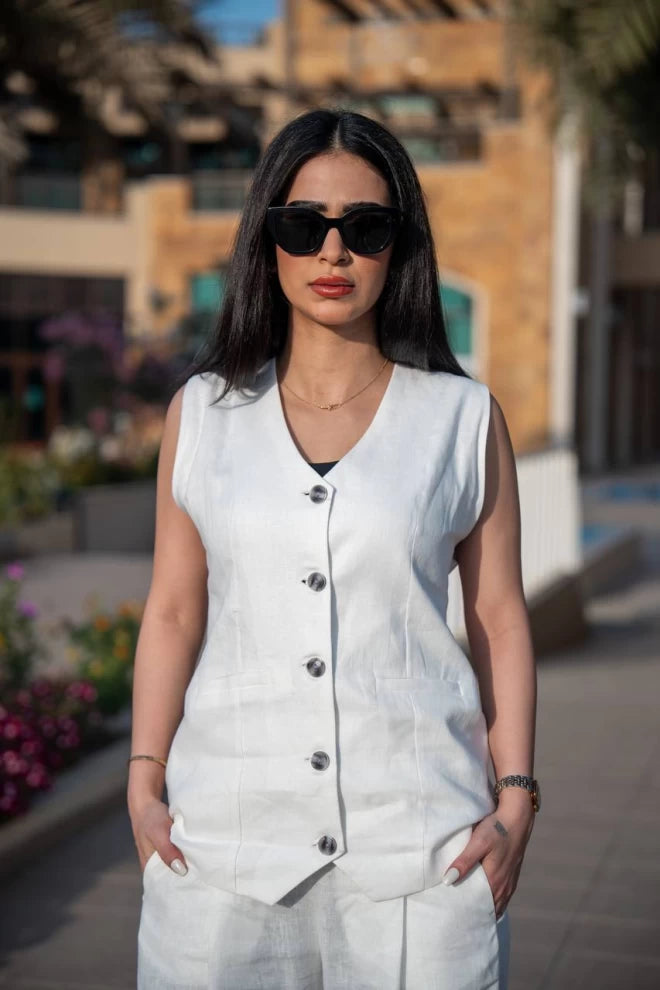 طقم سترة وبنطلون من الكتان الأبيض C:IB1085 أبيض 