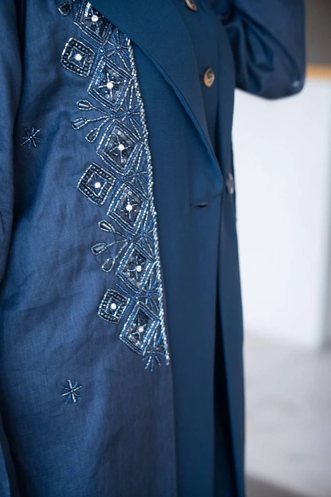 Navy blue linen blazer abaya with crepe and hand embroidery C:IB323 Navy