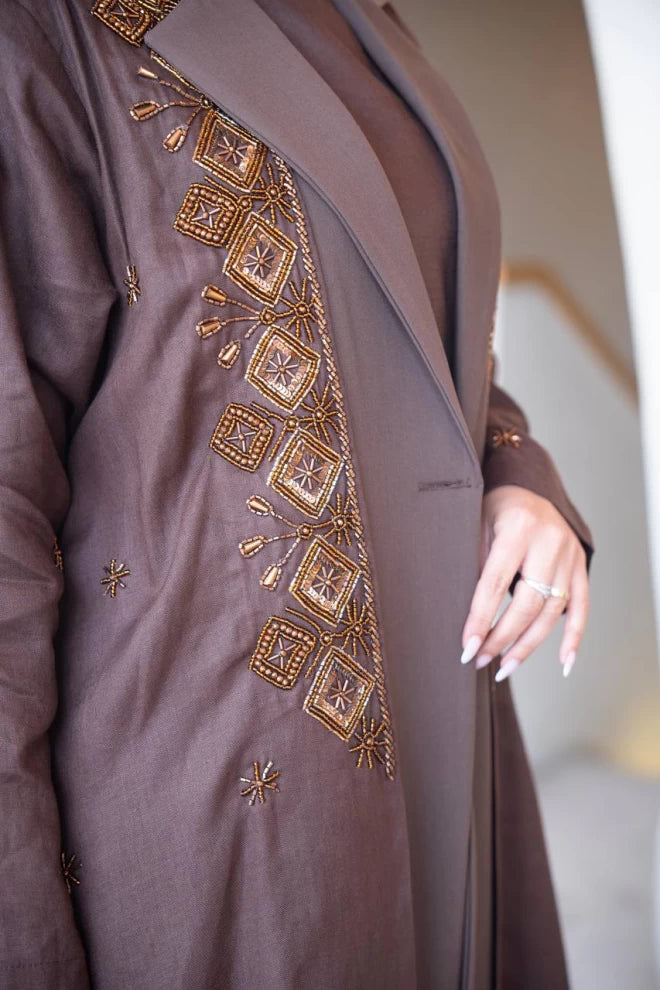 Brown blazer abaya in linen with crepe and hand embroidery C:IB323 Brown