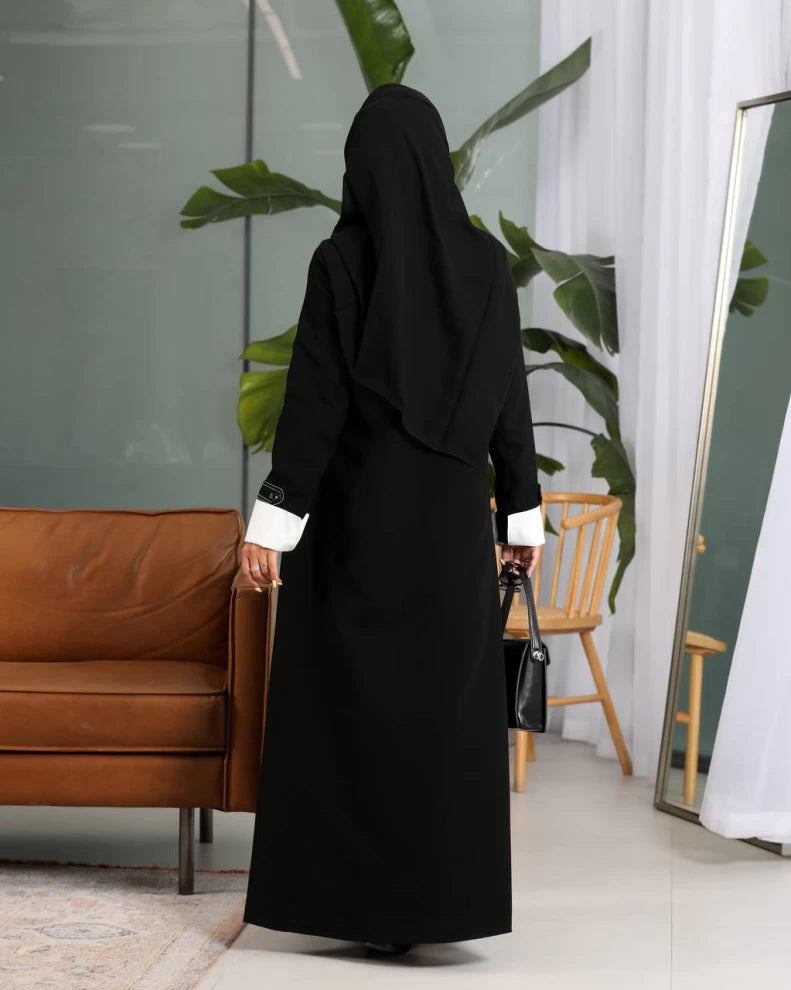 Black Crepe Abaya with White Embroidery Front IB209