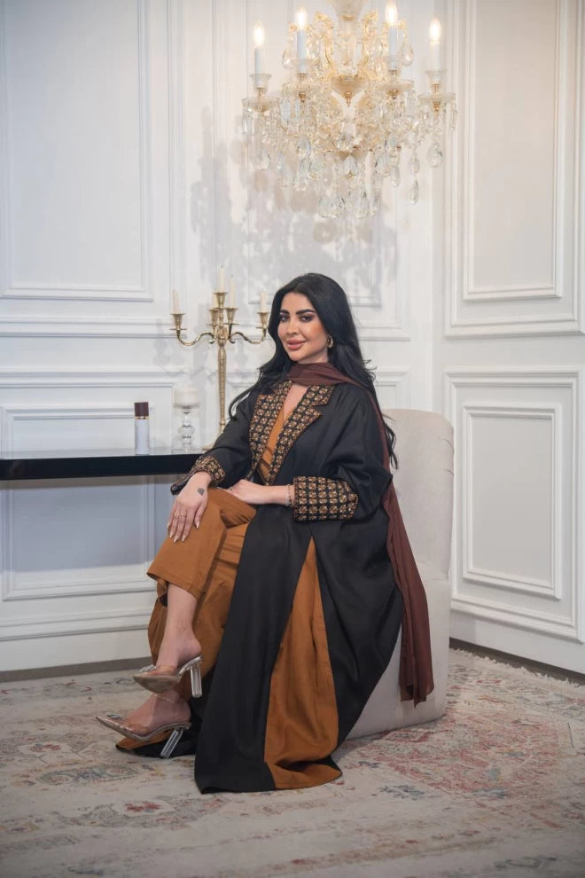 Black linen abaya with camel embroidery and details C:IB319 (Free size)