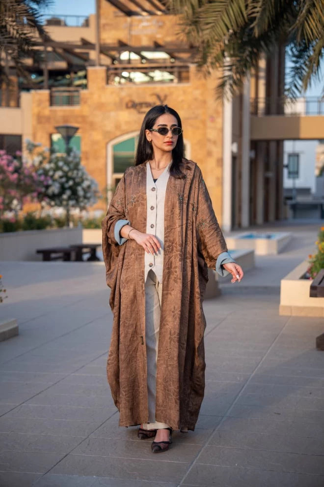 Brown crepe jacquard abaya C:IB312 (Free size)