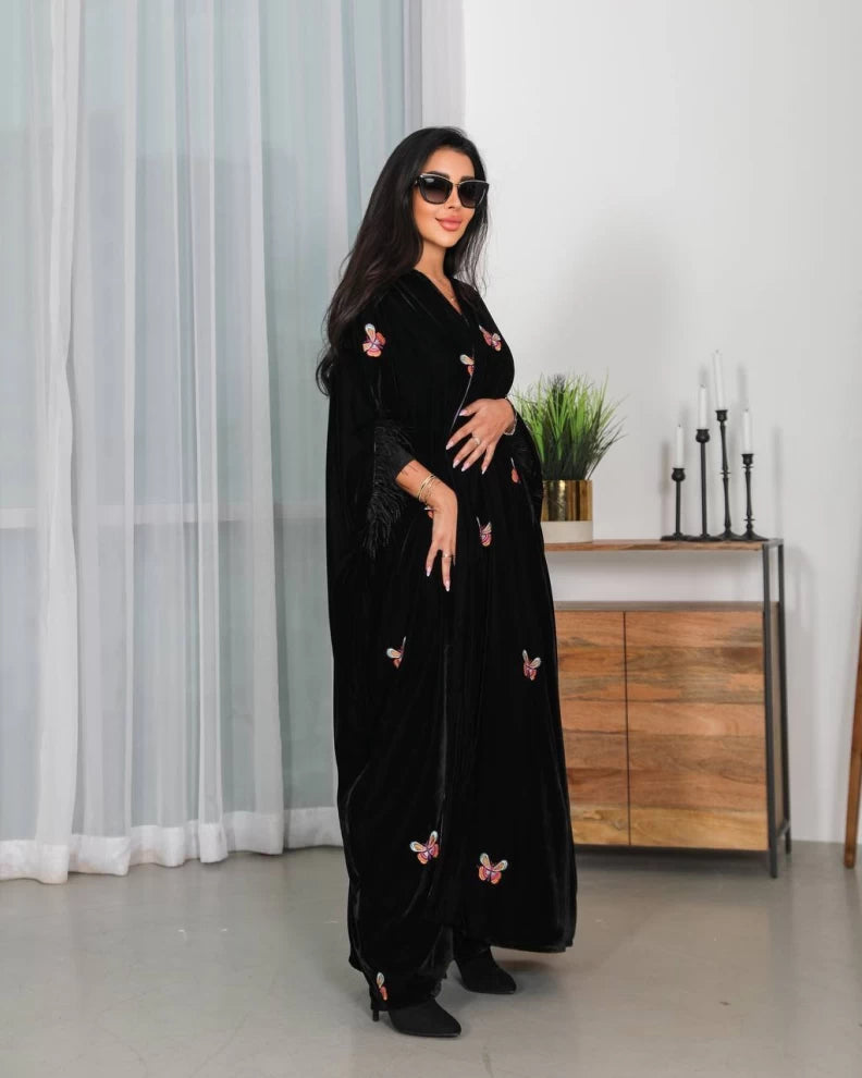 Abaya velvet bisht with butterfly embroidery IB247 (Free size)