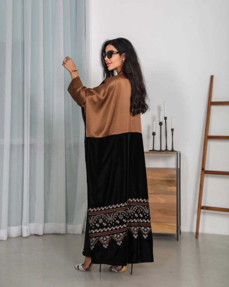 Crepe Abaya with embroidered velvet with brown silk crepe IB254 (Free size)