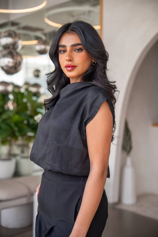 Linen blouse and crepe pants set, black C:IB1001 (S)