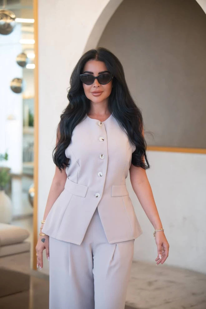 طقم سترة وبنطلون من الكريب البيج C:IB1090 