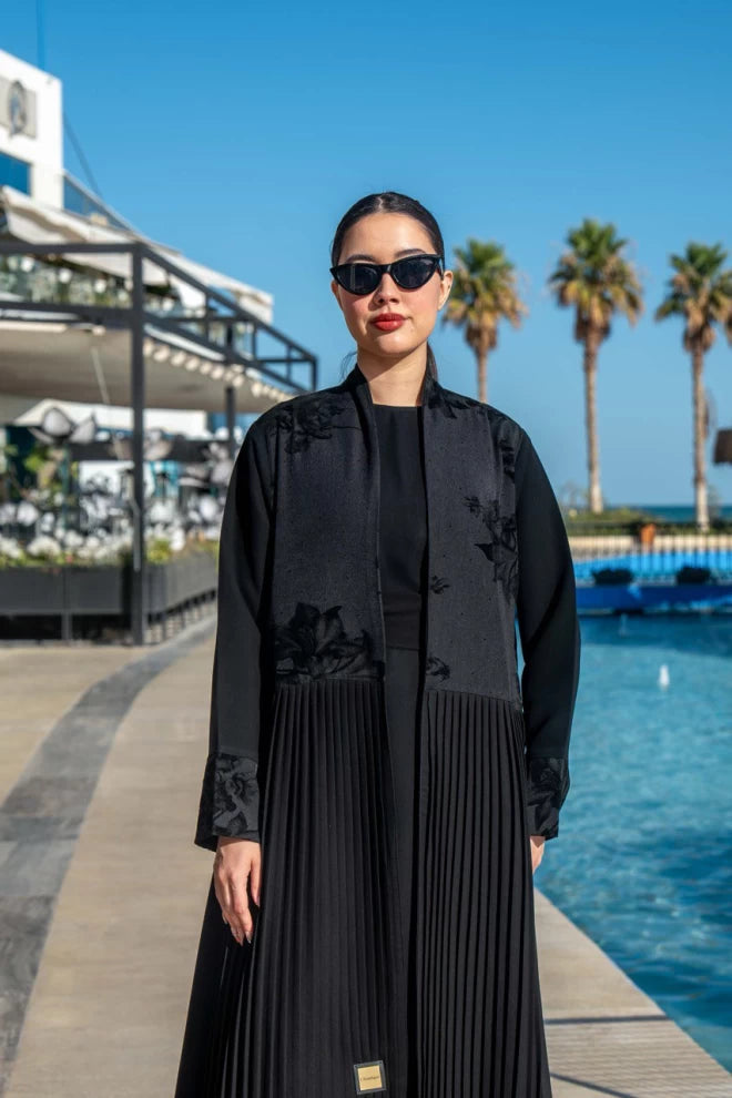 Crepe and pleated abaya with printed cotton velvet IB267