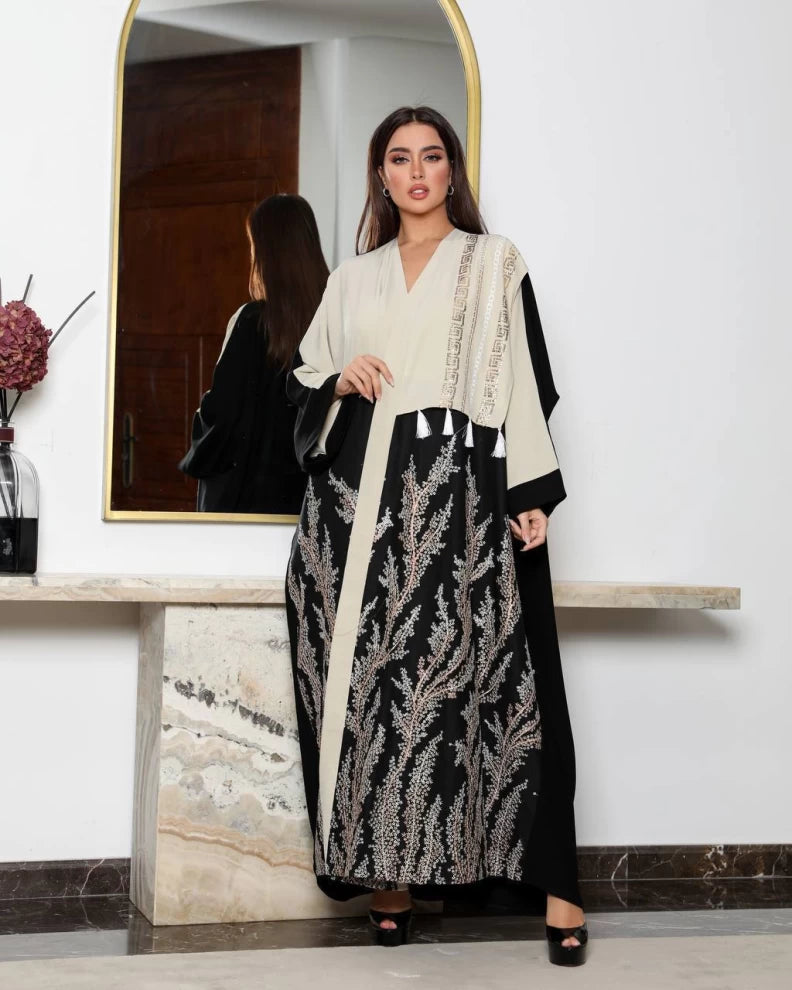 Black and beige crepe abaya with embroidery IB190 (Free size)