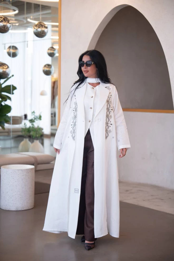White linen and crepe blazer abaya with hand embroidery C:IB323 White