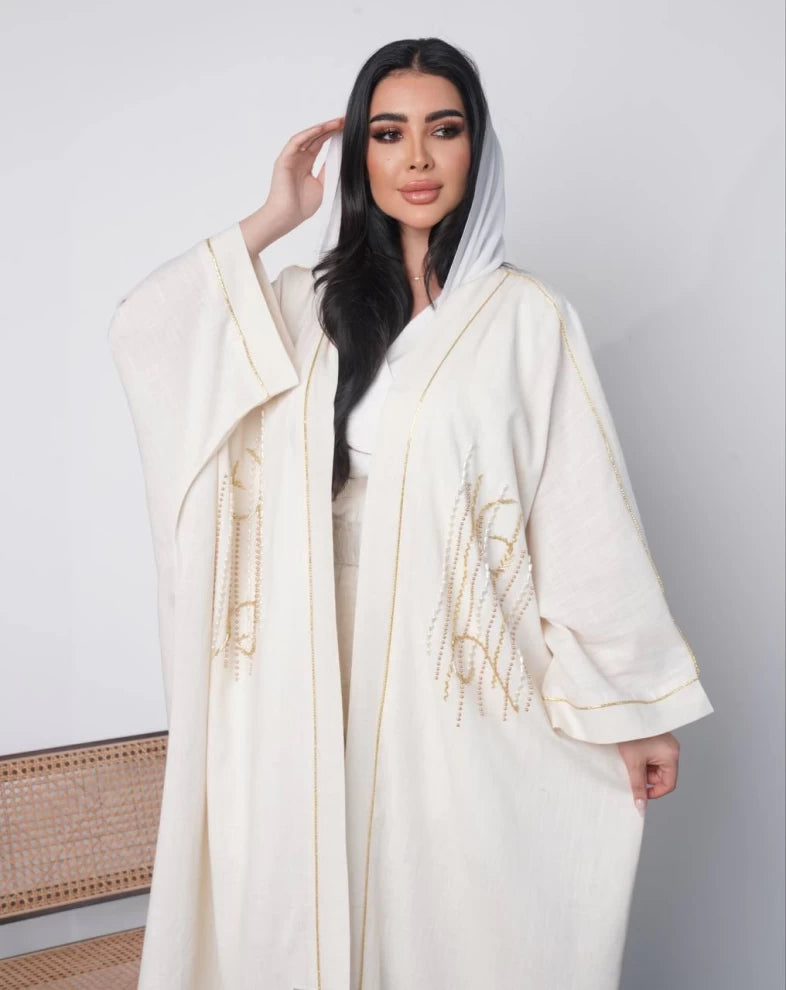 عبايه لينن بلون الابيض مع شك يدوي IB153 white