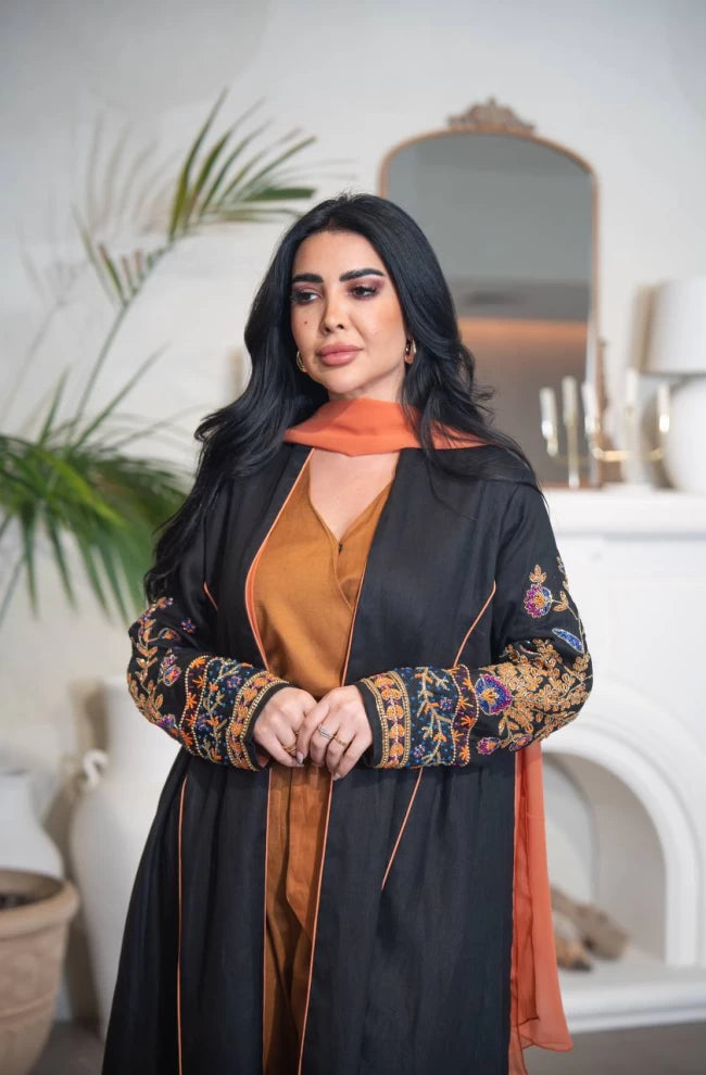 Black linen abaya with hand embroidery C:IB318